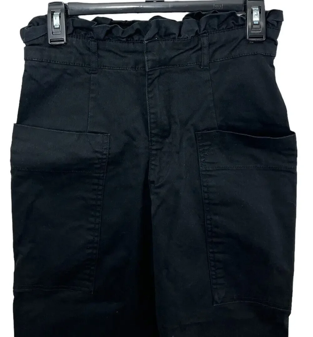 Zara High Waisted Black Pants Paperbag Waist Side Pockets Small Wide Leg